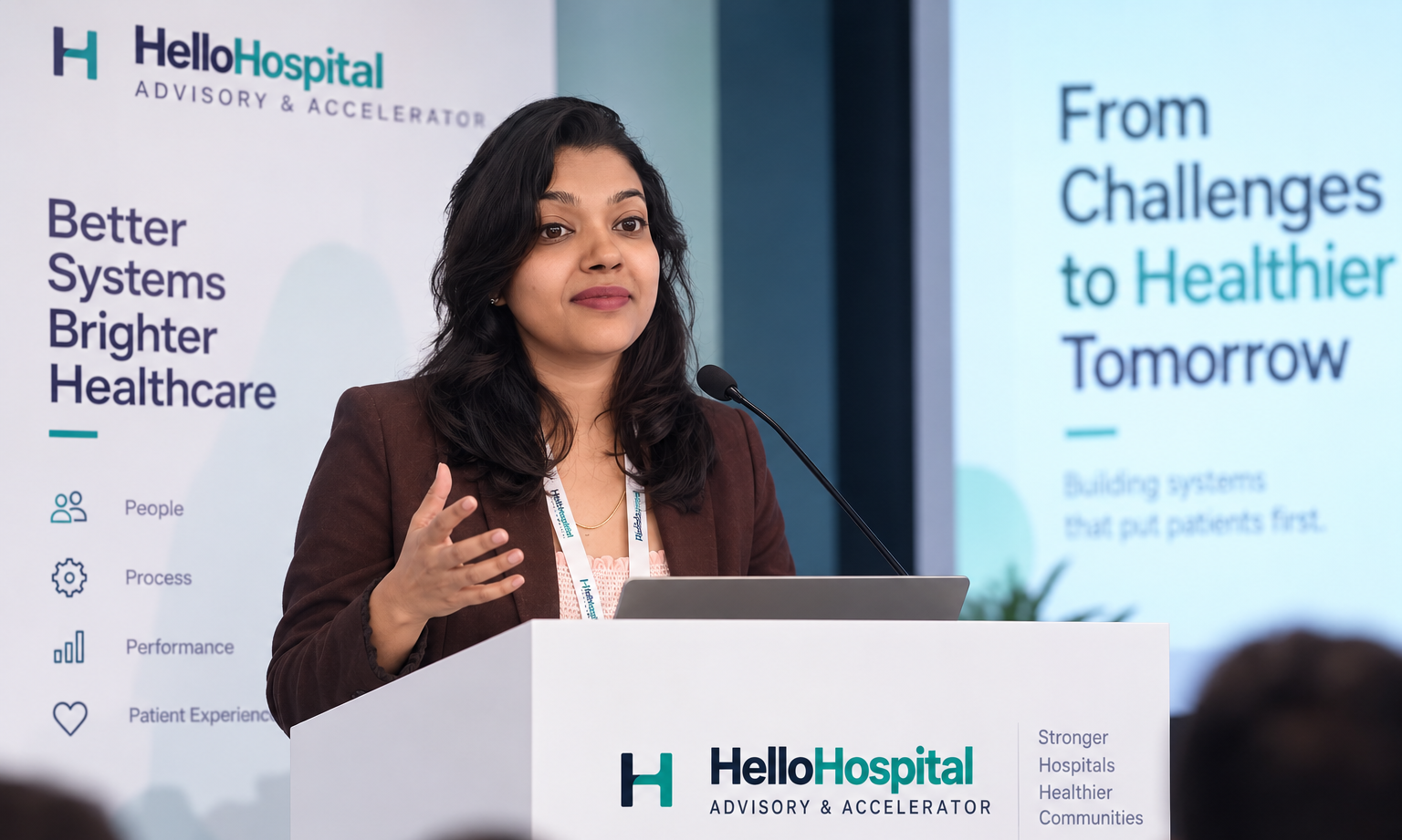 Swati Mittal, founder of HelloHospital, speaking to healthcare leaders